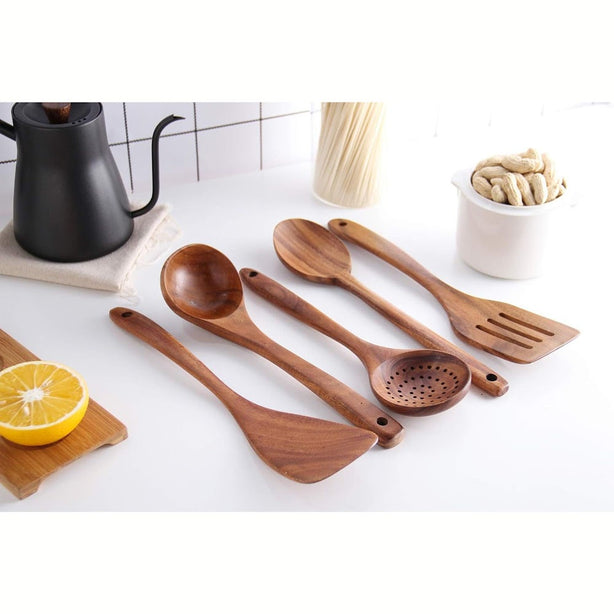 StitchesandTweed Natural Teak Wooden Cooking Spatulas with Utensils Holder 6 Pcs Set