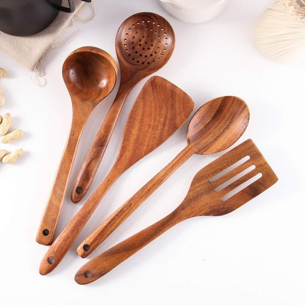 StitchesandTweed Natural Teak Wooden Cooking Spatulas with Utensils Holder 6 Pcs Set