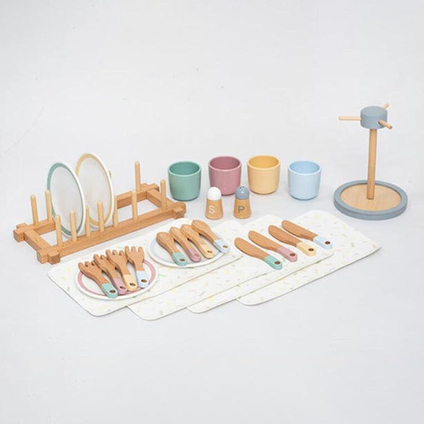 StitchesandTweed Wooden Toy Plates Dishes Color Matching Spoons Play Dishes for Kids