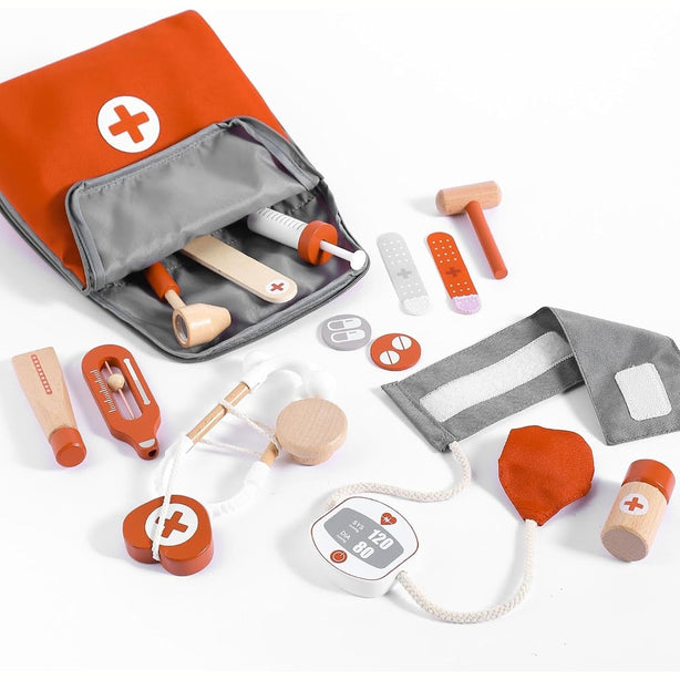 StitchesandTweed Doctor Kit for Kids, Pretend Toy 14PCS Wooden Doctor Playset for Toddlers Red