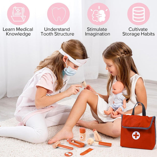 StitchesandTweed Doctor Kit for Kids, Pretend Toy 14PCS Wooden Doctor Playset for Toddlers Red
