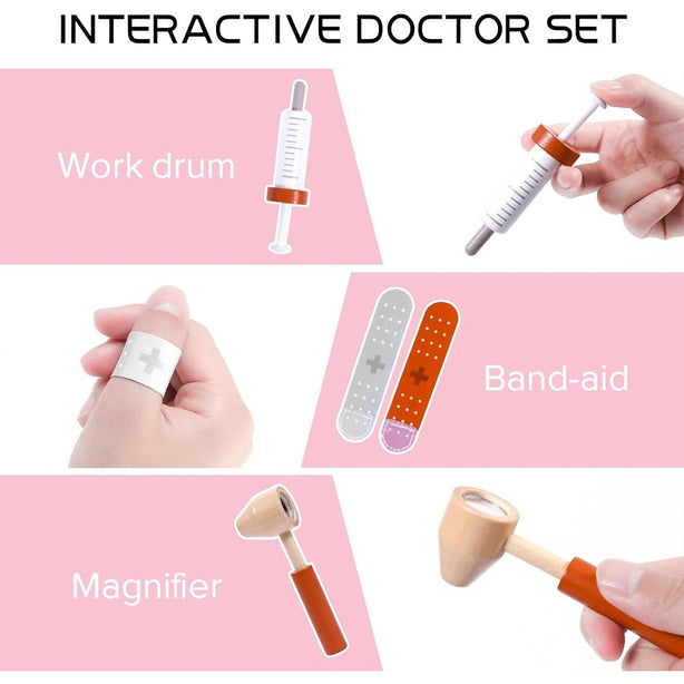 StitchesandTweed Doctor Kit for Kids, Pretend Toy 14PCS Wooden Doctor Playset for Toddlers Red