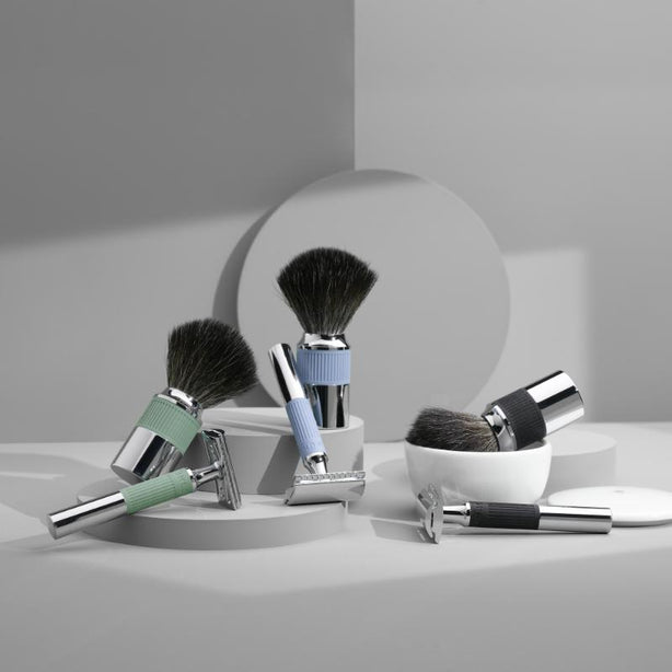 MUHLE Neo, Chrome-plated Metal, Glacier Blue, Black Fibre Shaving Brush