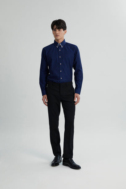 Coupe Cousu, Navy Dobby, Double Collar Long Sleeve Shirt