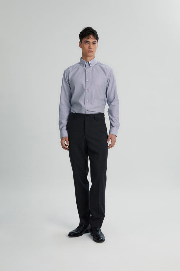 Coupe Cousu, Dark Blue Dobby, Double Collar Long Sleeve Shirt