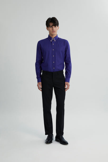 Coupe Cousu, Navy Blue Checks, Double Collar Long Sleeve Shirt
