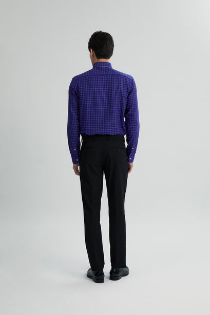 Coupe Cousu, Navy Blue Checks, Double Collar Long Sleeve Shirt