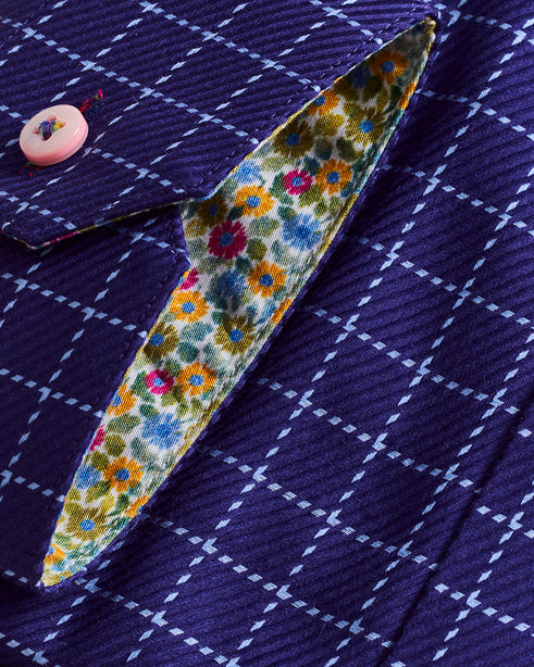 Coupe Cousu, Navy Blue Checks, Double Collar Long Sleeve Shirt