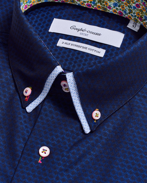 Coupe Cousu, Navy Dobby, Double Collar Long Sleeve Shirt