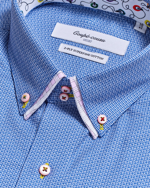 Coupe Cousu, Blue Fancy, Double Collar Long Sleeve Shirt