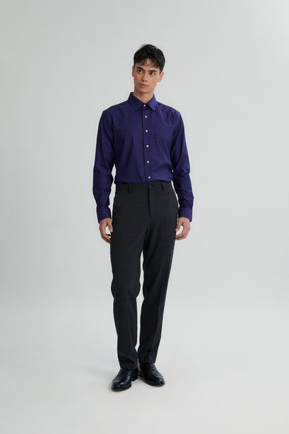 Coupe Cousu, Navy checks, Long Sleeve Shirt with Contrast Trim Fabric
