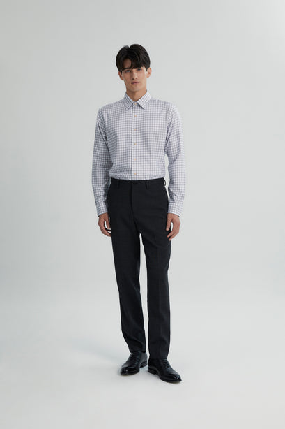 Coupe Cousu, Grey Checks, Long Sleeve Shirt with Contrast Trim Fabric