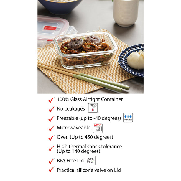 T1907.00 Tatay Hermetic Glass Rectangle Container 0.37L + TatayAirtight Microwavable Hermetic Glass Container 1.1L Bundle