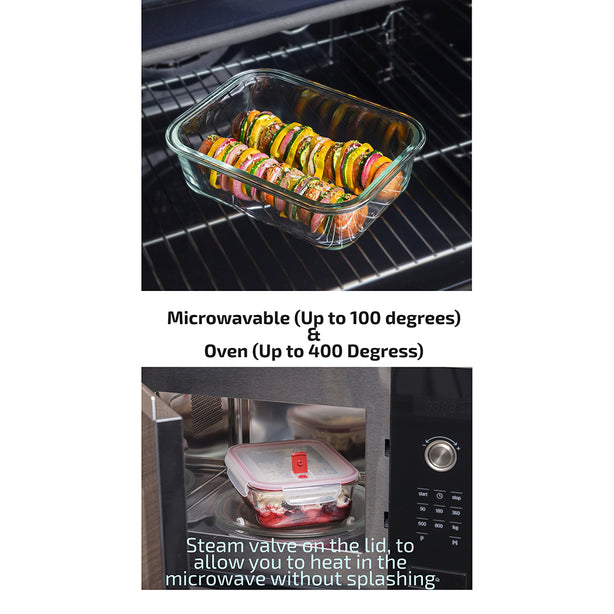 T1907.00 Tatay Hermetic Glass Rectangle Container 0.37L + TatayAirtight Microwavable Hermetic Glass Container 1.1L Bundle