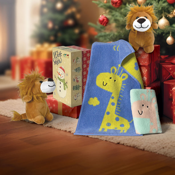 The Gang Triad Jacquard Series Premium Bath Linen X'mas Gift Set, Junior Hand Towel With Lion Plush