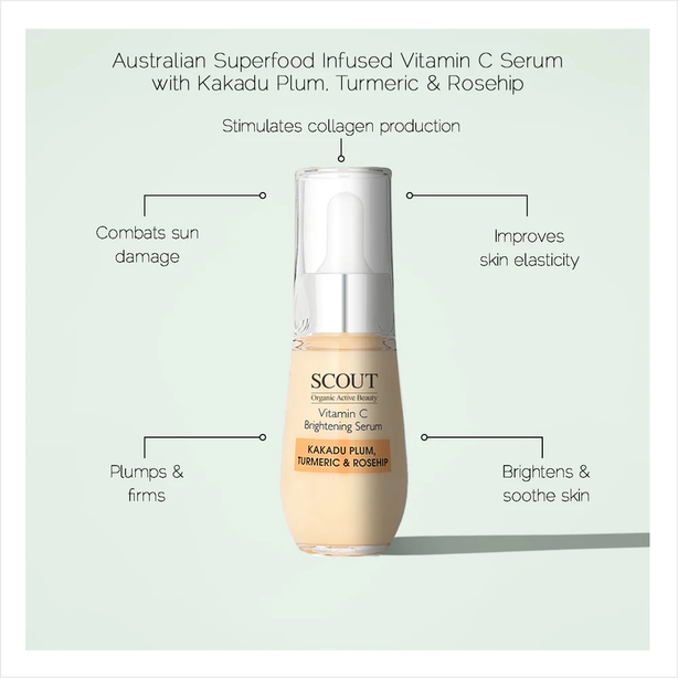 SCOUT Organic Active Beauty Vitamin C Brightening & Lightening Face Serum With Kakadu Plum, Turmeric & Rosehip (expiration end Oct 2026)