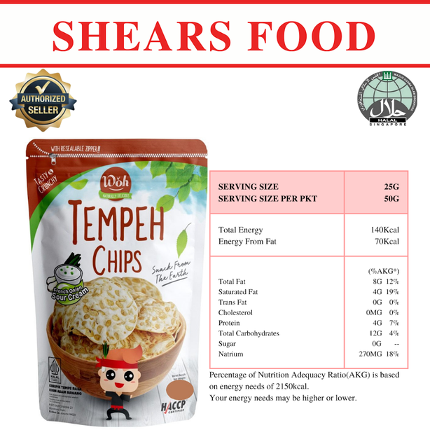 WOH Handcrafted Tempeh Chips Tempe Chips by Shears 50gms Onion Sour Cream (Bundle of 5 packs)