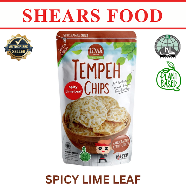WOH Handcrafted Tempeh Chips Tempe Chips by Shears 50gms Spicy Lime Leaf (Bundle of 5 packs)