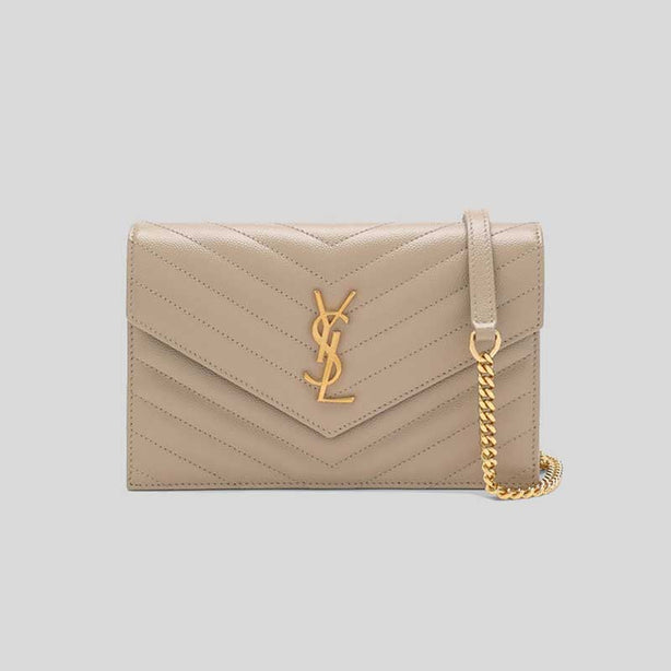 SAINT LAURENT YSL Matelasse Envelope Chain Wallet In Grain De Poudre Embossed Leather Dark Beige/Gold RB-742920BOW01