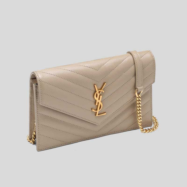 SAINT LAURENT YSL Matelasse Envelope Chain Wallet In Grain De Poudre Embossed Leather Dark Beige/Gold RB-742920BOW01