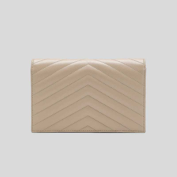 SAINT LAURENT YSL Matelasse Envelope Chain Wallet In Grain De Poudre Embossed Leather Dark Beige/Gold RB-742920BOW01