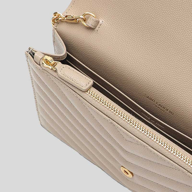 SAINT LAURENT YSL Matelasse Envelope Chain Wallet In Grain De Poudre Embossed Leather Dark Beige/Gold RB-742920BOW01