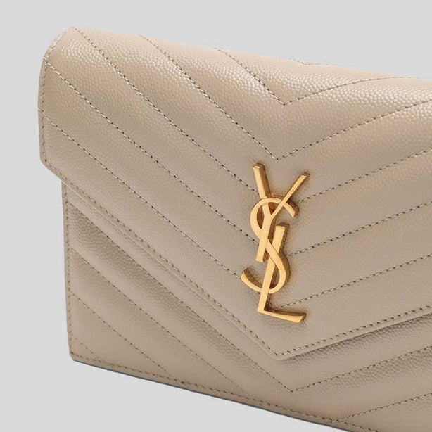 SAINT LAURENT YSL Matelasse Envelope Chain Wallet In Grain De Poudre Embossed Leather Dark Beige/Gold RB-742920BOW01