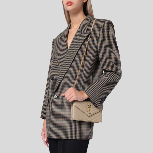 SAINT LAURENT YSL Matelasse Envelope Chain Wallet In Grain De Poudre Embossed Leather Dark Beige/Gold RB-742920BOW01