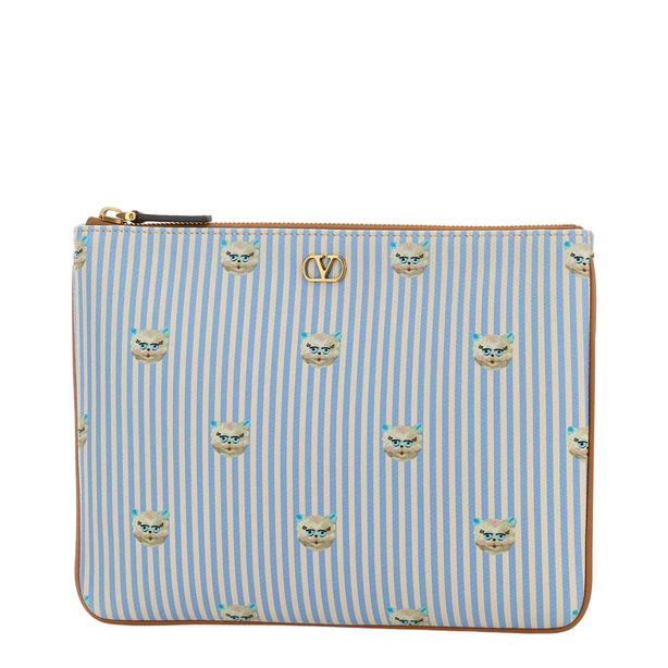 VLogo Signature Grainy Calfskin Pouch - Azure/Ivory