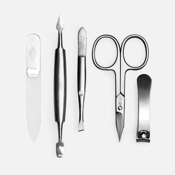 Giesen & Forsthoff Timor® 5-piece Manicure Set with glass nail file, in Black Grained Leather Zipper Pouch