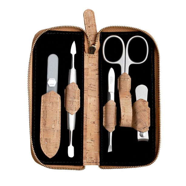 Giesen & Forsthoff Timor® 5-piece Manicure Set with glass nail file, in Vegan Natural Cork Leather Zipper Pouch