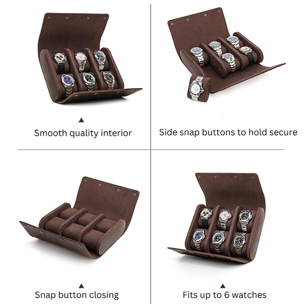 StitchesandTweed Tan Leather Watch Roll 6 Slot Travel Watch Storage Case Organizer