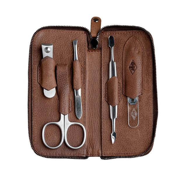 Giesen & Forsthoff Timor® 5-piece Manicure Set with glass nail file, in Dark Brown Nubuck Leather Zipper Pouch