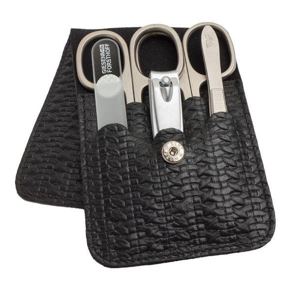 Giesen & Forsthoff Timor® 5-piece Manicure Set with glass nail file, in Black Braided Cowhide Leather Pouch