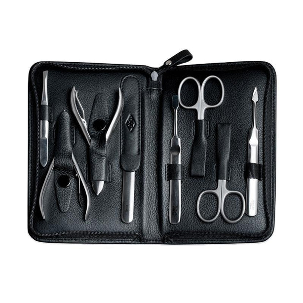 Giesen & Forsthoff Timor® 8-piece Manicure Set with sapphire nail file, in Black Cowhide Leather Zipper Pouch
