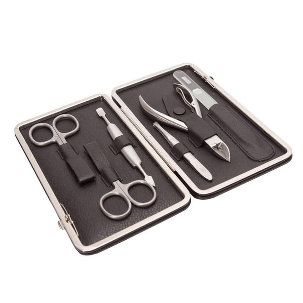 Giesen & Forsthoff Timor® 6-piece Manicure Set with glass nail file, in Black Cowhide Leather Case