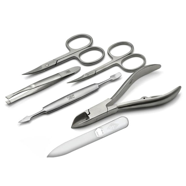 Giesen & Forsthoff Timor® 6-piece Manicure Set with glass nail file, in Black Cowhide Leather Case