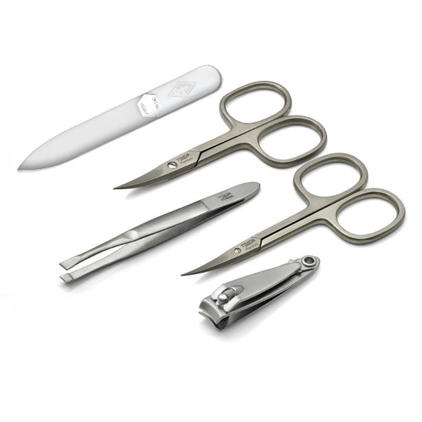 Giesen & Forsthoff Timor® 5-piece Manicure Set with glass nail file, in Black Braided Cowhide Leather Pouch
