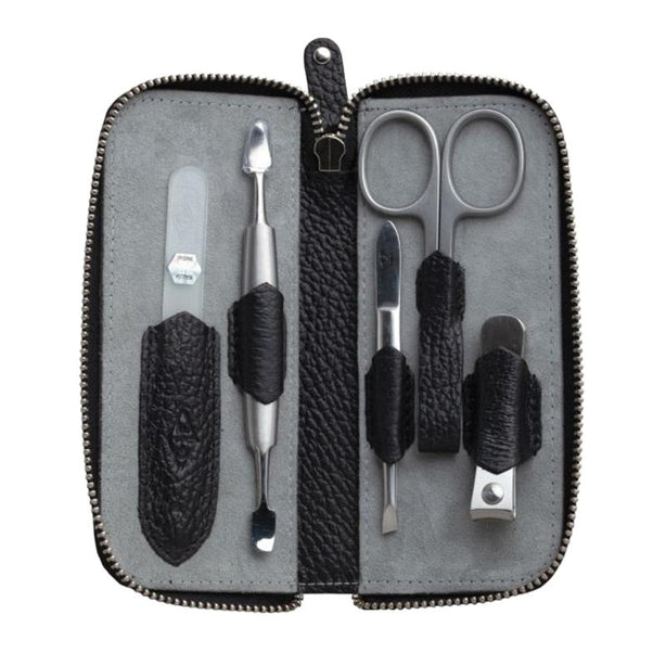 Giesen & Forsthoff Timor® 5-piece Manicure Set with glass nail file, in Black Grained Leather Zipper Pouch