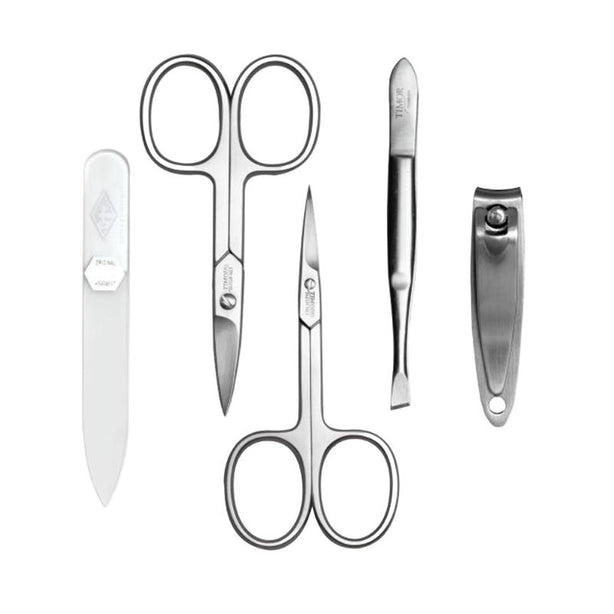 Giesen & Forsthoff Timor® 5-piece Manicure Set with glass nail file, in Navy Blue Grained Cowhide Leather Pouch