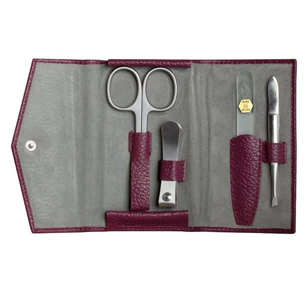 Giesen & Forsthoff imor® 4-piece Manicure Set with glass nail file, in Plum Grained Cowhide Leather Pouch