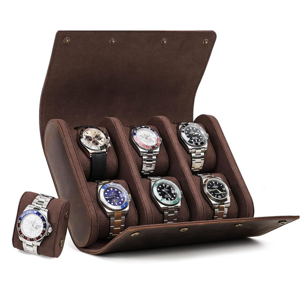 StitchesandTweed Tan Leather Watch Roll 6 Slot Travel Watch Storage Case Organizer