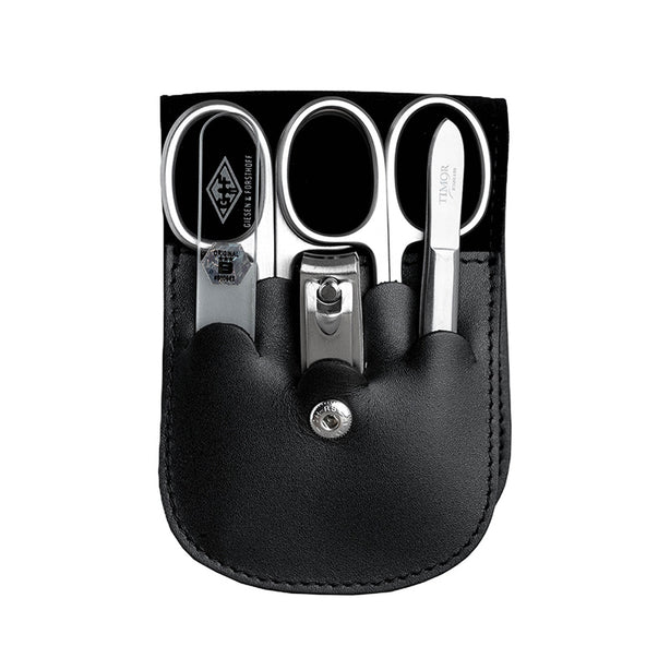 Giesen & Forsthoff Timor® 5-piece Manicure Set with glass nail file, in Black Cowhide Leather Pouch