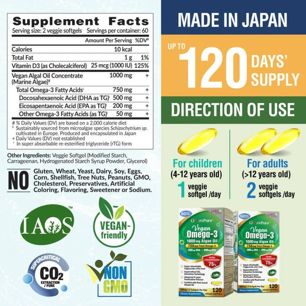 LABO Nutrition OmaxPure Vegan Omega-3 Algae Oil 1000mg Heart and Brain Health 120 Veggie Softgels IAOS Certified