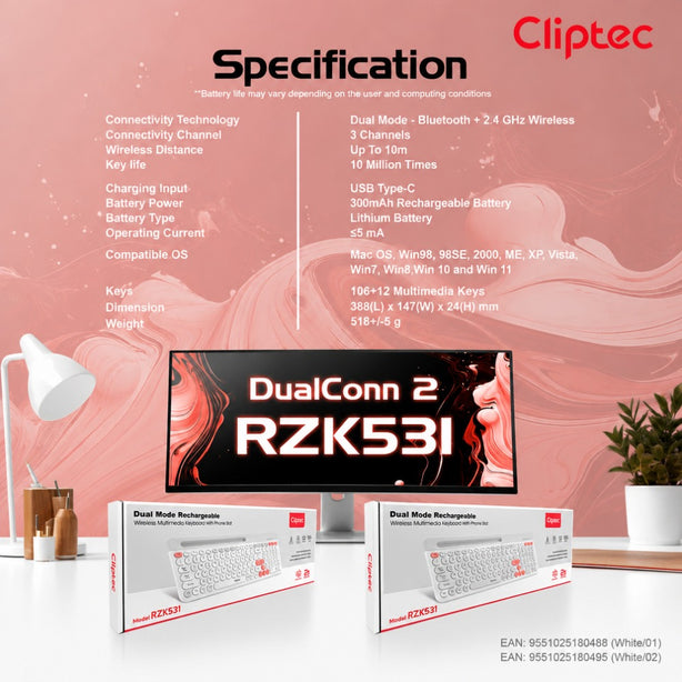 Cliptec RZK531 Dual Mode Rechargeable Wireless Multimedia Silent Keyboard With Phone Slot  - White