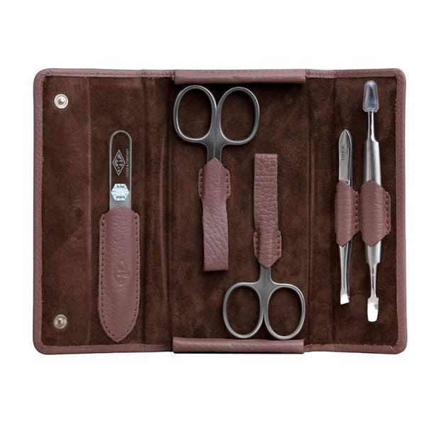 Giesen & Forsthoff Timor® 5-piece Manicure Set with glass nail file, in Mauve Grained Cowhide Leather Pouch