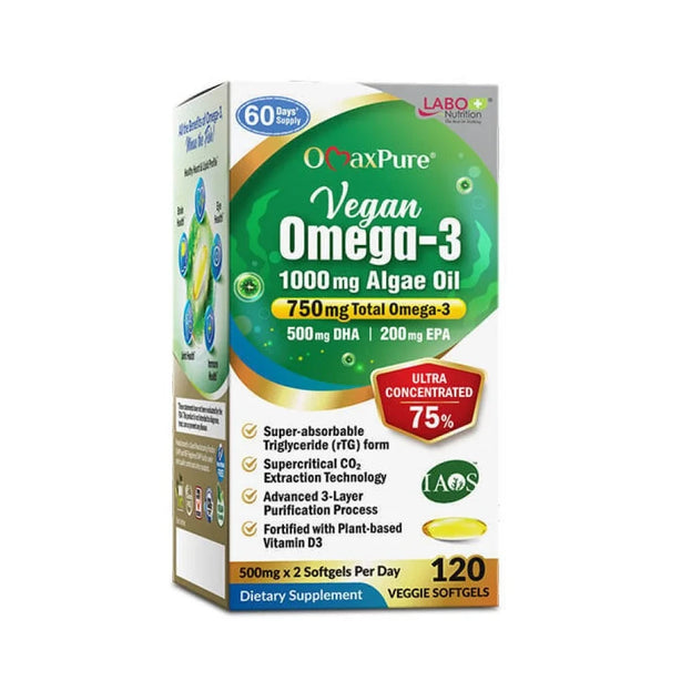 LABO Nutrition OmaxPure Vegan Omega-3 Algae Oil 1000mg Heart and Brain Health 120 Veggie Softgels IAOS Certified