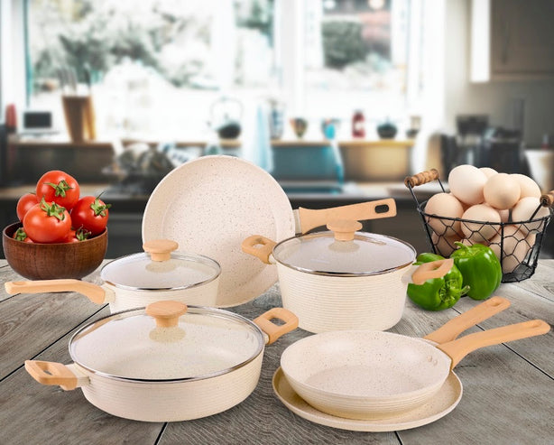 9 Piece Forged Aluminium Cookware Set Marble Set (CREAM)  - Local Delivery Only