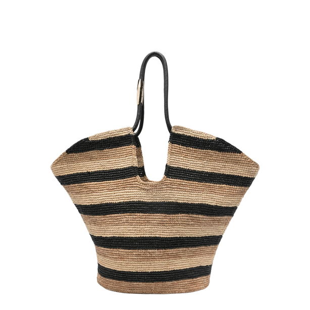 Goldentime Large Raffia Tote - Black Stripes