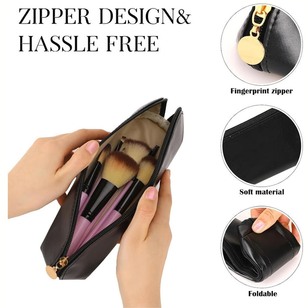 StitchesandTweed Travel Makeup Brush Holder, Portable Travel Cosmetic Brush Bag with Zipper, Makeup Brush Bag - Noir
